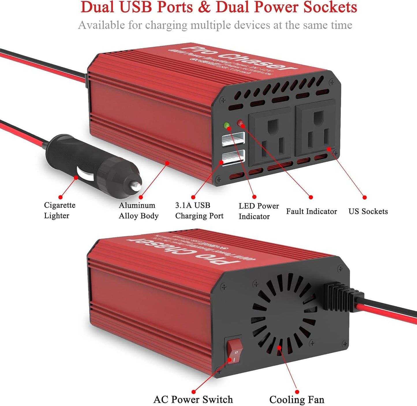 Pro Chaser 400W Power Inverters for Vehicles - DC 12v to AC 110v Car Inverter Converter, 6.2A Dual USB Charging Ports, Dual AC Adapter for Laptops Air Compressor