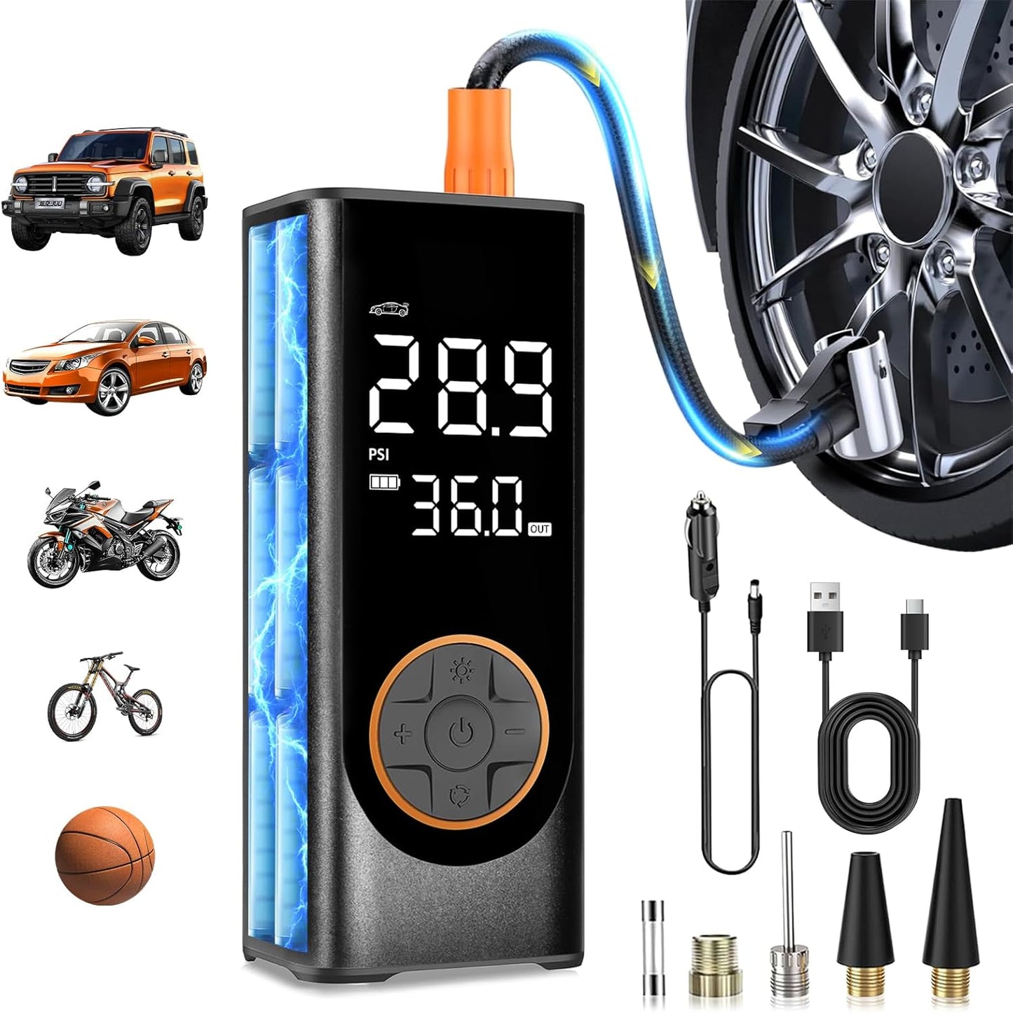Tire Inflator Portable Air Compressor, 150PSI Cordless Air Pump for Car Tires, 4X Faster 12V DC Tire Pump with Tire Pressure Gauge, LED Light for Cars, Motorcycles, Bikes, Balls (Black)