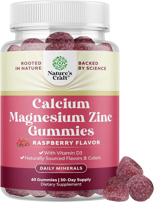Calcium Magnesium Zinc Gummies - Magnesium Zinc Calcium Supplement Gummies with Vitamin D3 for Teeth and Bone Health - Certified Kosher Non-GMO Gelatin Free & Vegetarian Friendly (1 Month Supply)