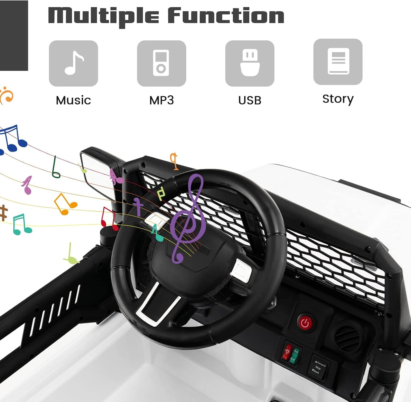 OLAKIDS Kids Ride On Truck, 12V Electric Vehicle Jeep Car with Remote Control, Toddlers Battery Powered Toy with 2 Speeds, Spring Suspension, Double Open Doors, LED Lights, Music, TF, USB, Mp3 (White)