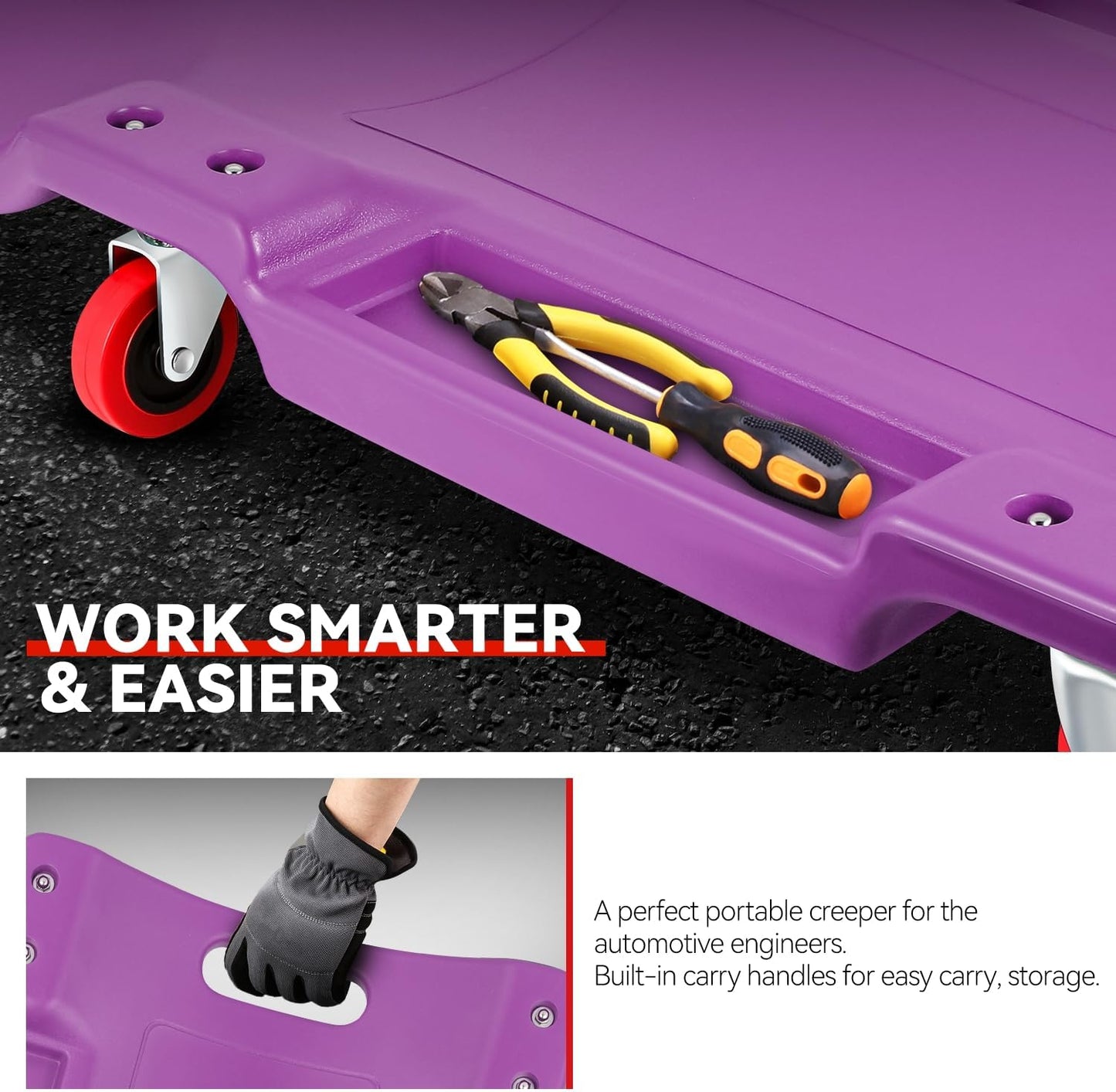 Auto Dynasty 36 Inches Mechanic Creeper, Automotive Garage Repair Low Profile Under Car Rolling Creeper with Padded Headrest, Plastic, Purple