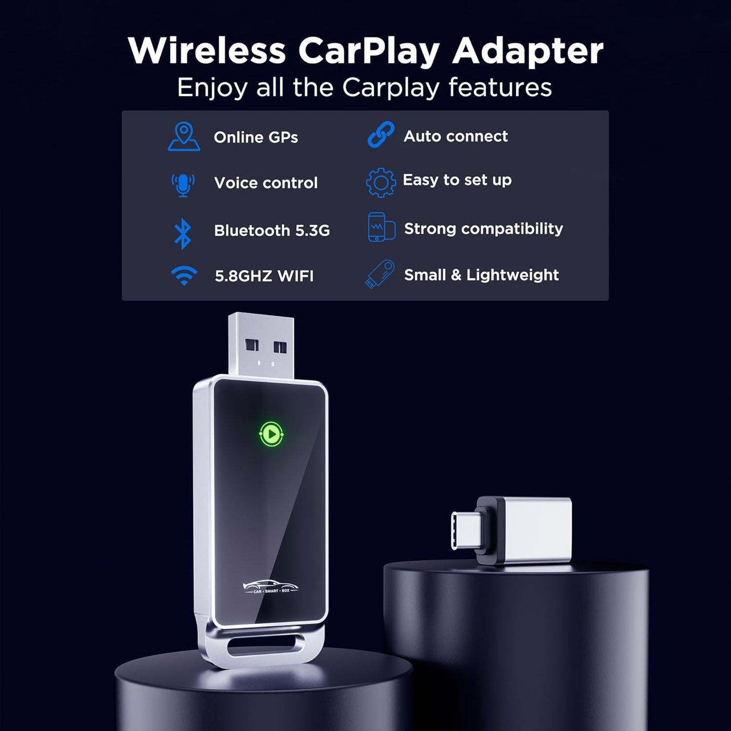 Wireless CarPlay Adapter 2024 Upgrade, Plug and Play, No Latency, Converts Factory Wired to Wireless, Compatible with iPhone 6+ and 2015+ Cars, Bluetooth 2.4GHz and Wi-Fi 2.4+5.8GHz