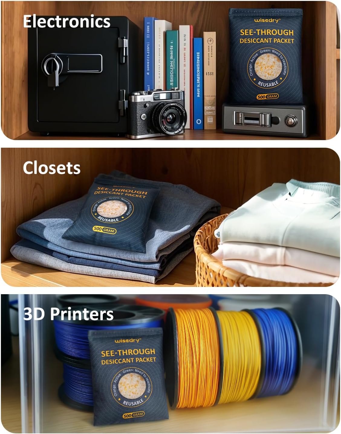 wisedry 2 x 500 Gram See-Through Silica Gel Car Dehumidifier Packets, Color-Indicating Desiccant Packs for Storage, Reusable Safe Dehumidifier, Heat Resistant Dehumidifier Bags