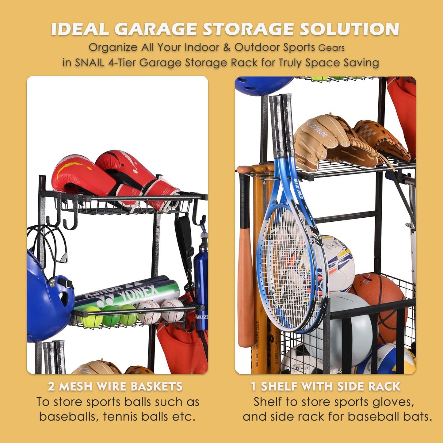 Snail Garage Sports Equipment Storage Organizer Sports Ball Storage Rolling Cart with Basket and Hooks Lockable Sports Ball Cage Storage Rack for Garages, Playgroup, Gym and Schools, Black