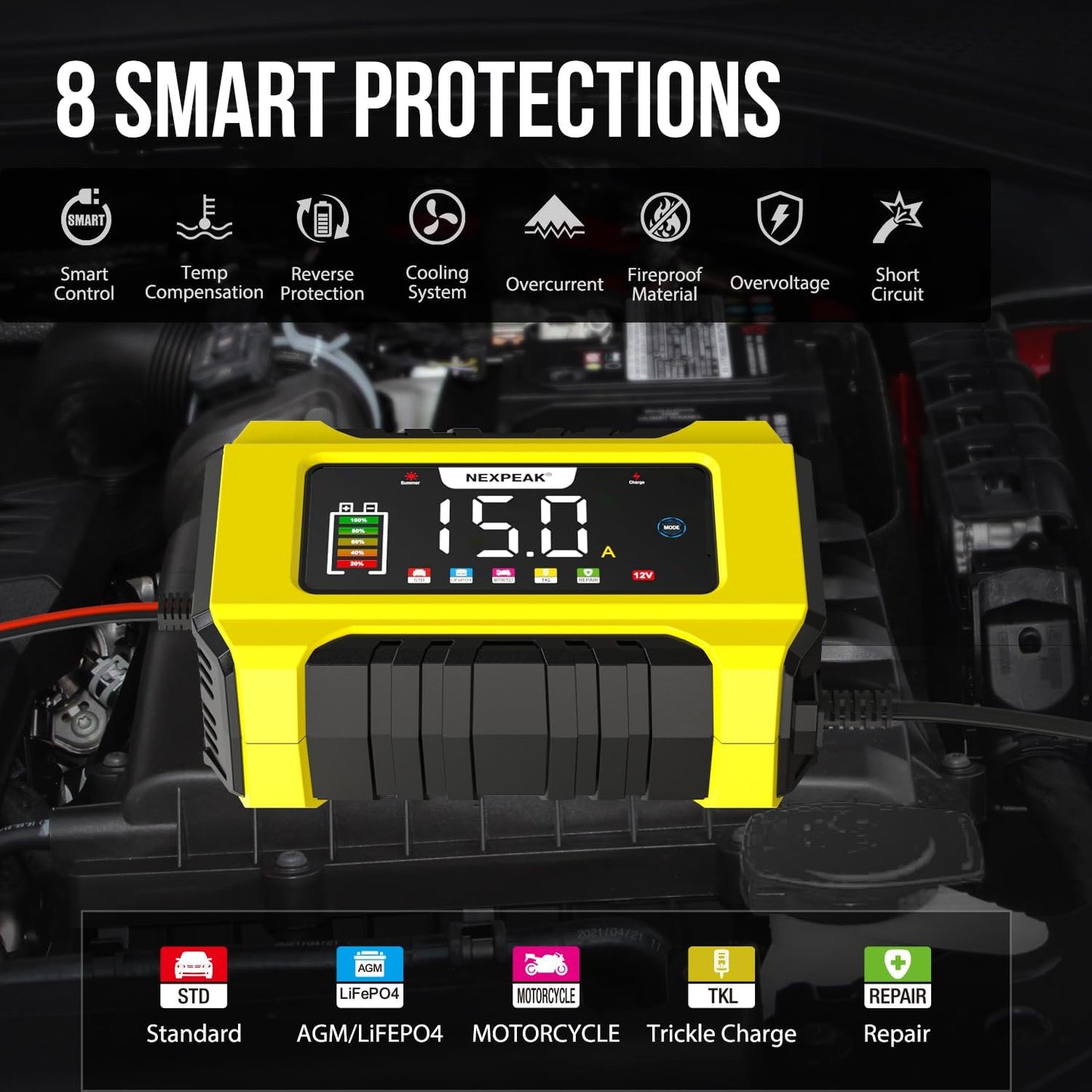 NEXPEAK NC215 15-Amp Battery Charger, Trickle Charger Car Battery Charger 12V 24V LiFePO4 Lead Acid Portable 9-Stage Smart Battery Maintainer w/Temp Compensation for Car Truck Lawn Mower Boat Marine