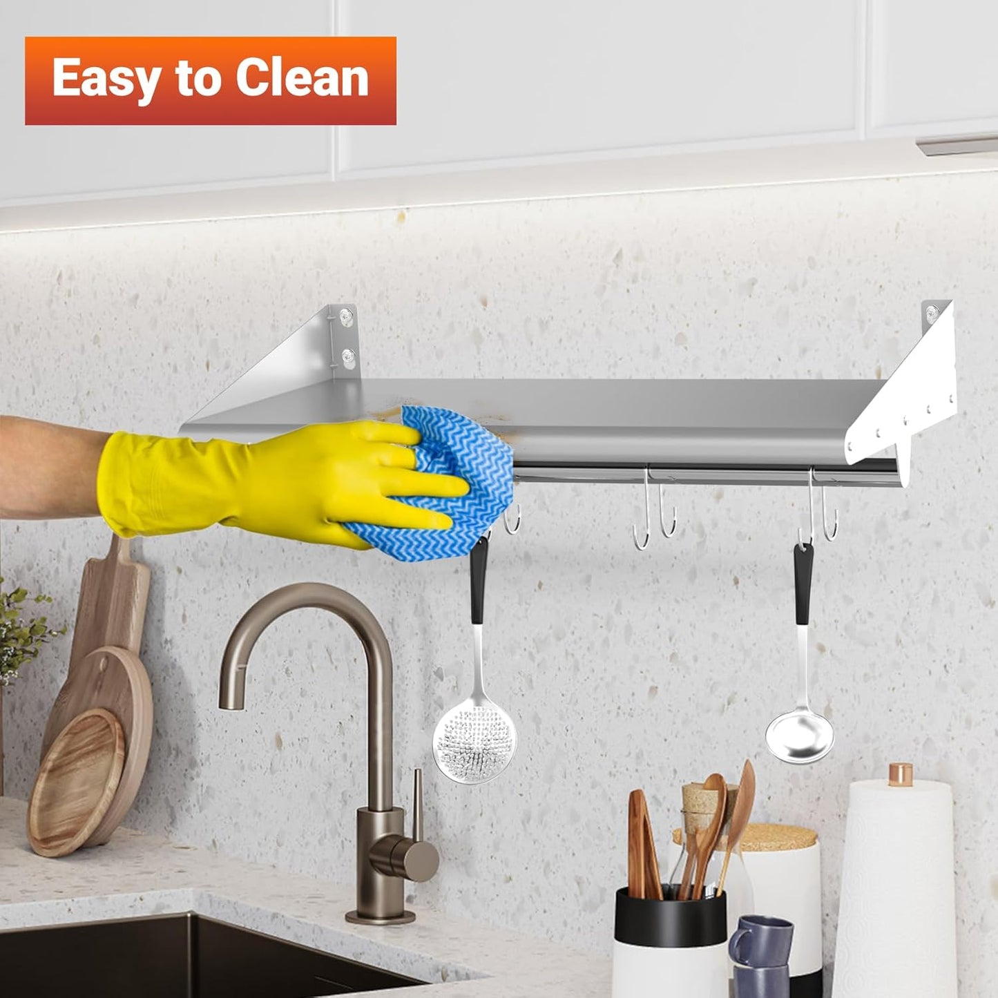 Skyflame 12" x 24" Stainless Steel Shelf with 4 Hooks, Wall Mounted Floating Shelving Storage Rack for Restaurant, Kitchen, Bathroom, Office