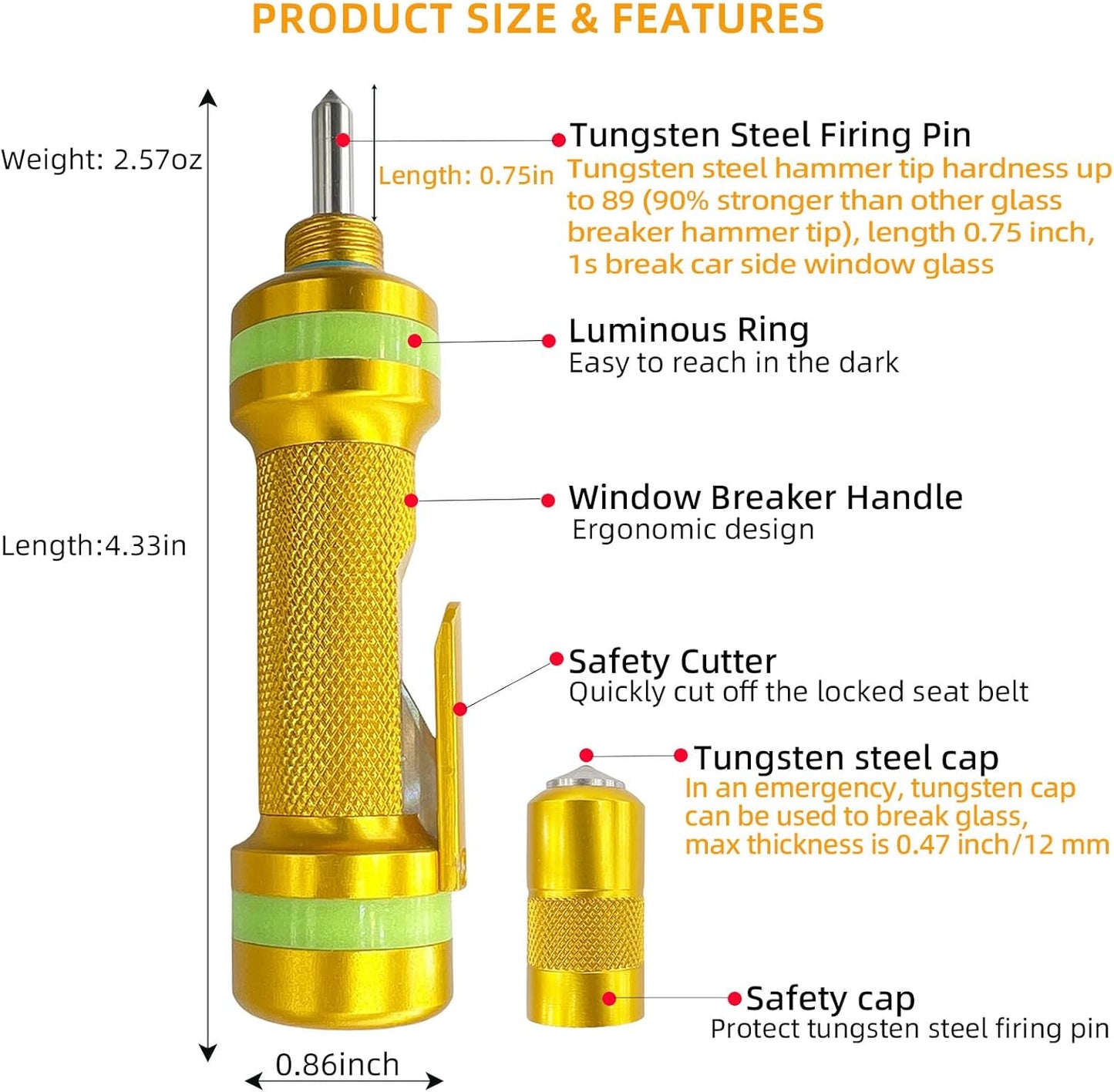 Allelic Car Window Breaker Tool, Window Breaker Seatbelt Cutter, Window Breaker, Glass Breaker, Spring Loaded Window Breaker for Land & Underwater (Gold)