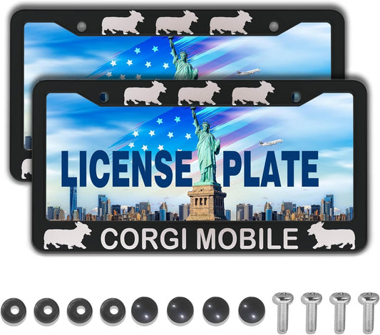 License Plate Frames for Women Black and White License Plate Frame for Men Corgi Mobile Aluminum Metal Car Accessory 2 Pack with Screw Covers Set