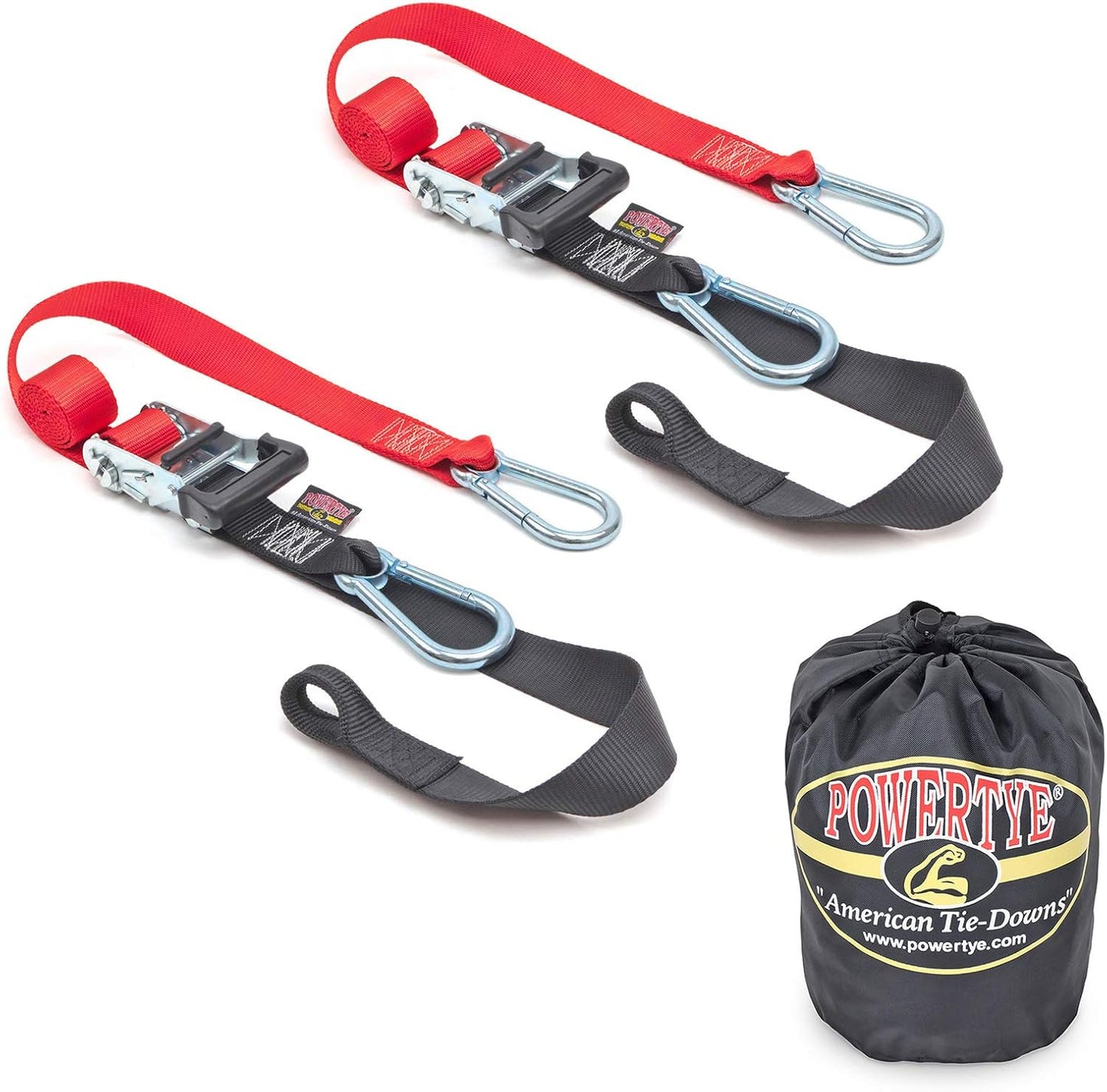 PowerTye - Made in USA - Heavy Duty Ratchet Tie Down Straps with Carabiner Hooks, Soft-Tye & Storage Bag, for Motorcycle, ATV, Trailer & Cargo, 1,000 lb WLL, 1.5 inch x 6.5ft Long, Red/Black (Pair)