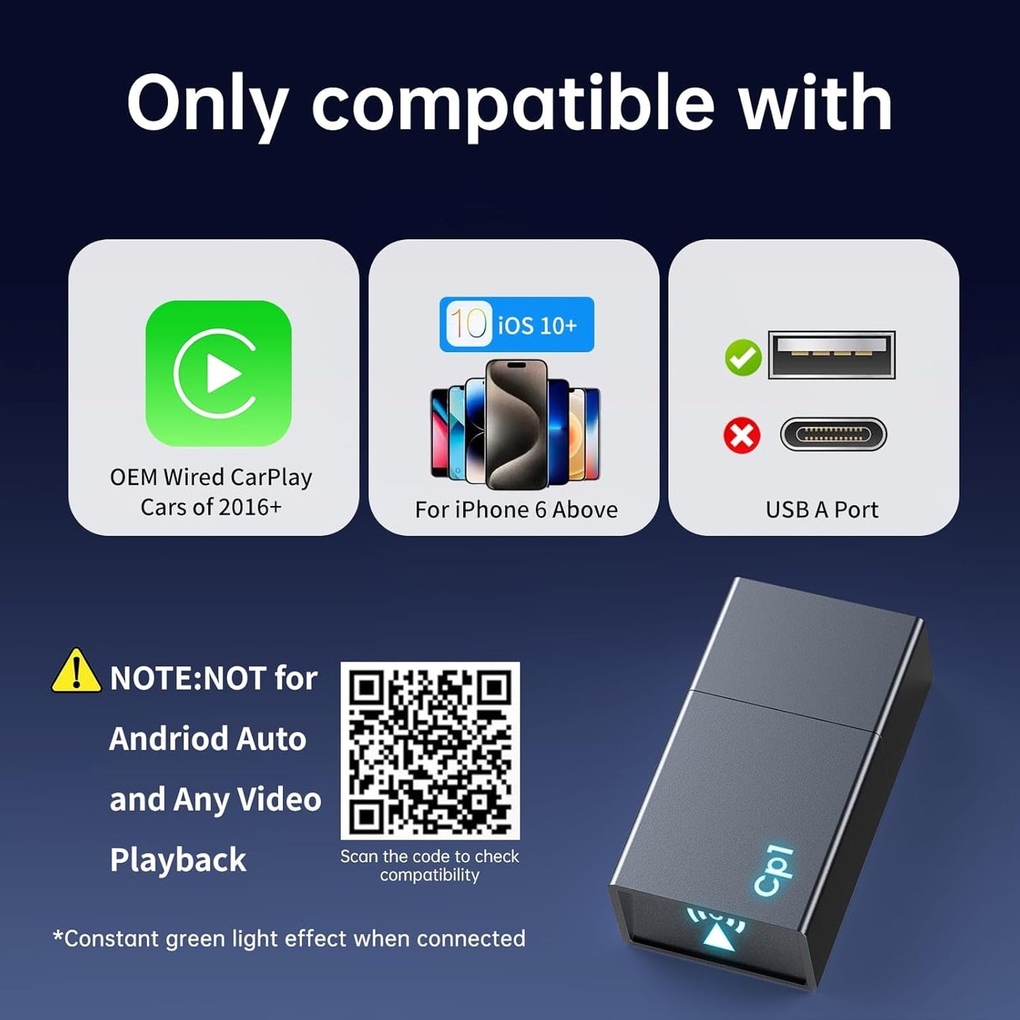 Carplay Wireless Adapter for Apple iPhone - Convert Wired to Wireless Bluetooth Car Play Adapters for Cars from 2016 and iOS 10+, No Latency,Plug and Play Easy Use, Mini USB Type A Black