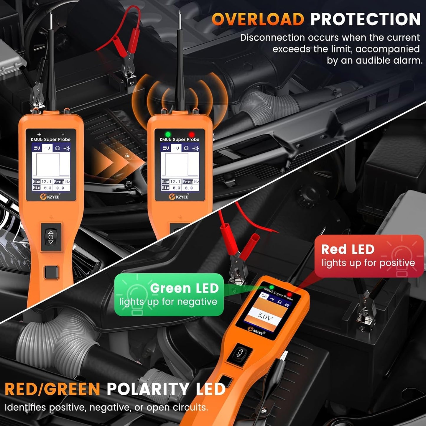 KZYEE KM05 Power Circuit Probe Tester – 12V/24V Automotive Electrical Tester for AC/DC Voltage, Continuity, Resistance, Diode, Relay Test, Component Activation & Shorts Detection, Current Probe Kit