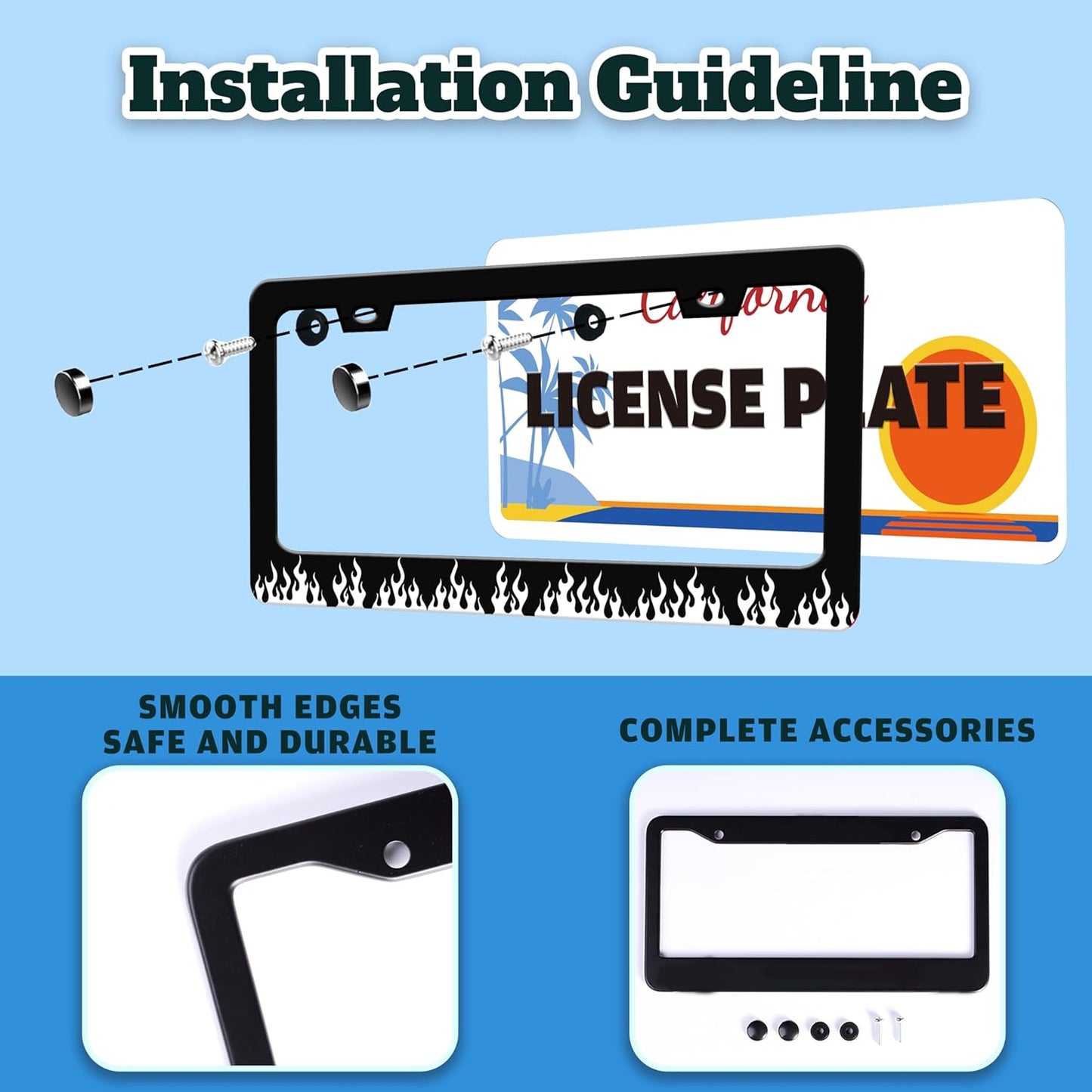 Black and White Flame License Plate Frame Fire License Plate Holder for Front or Rear Car Tags Stainless Steel Funny Car Decoration with Screws 6.3 X 12.2 in