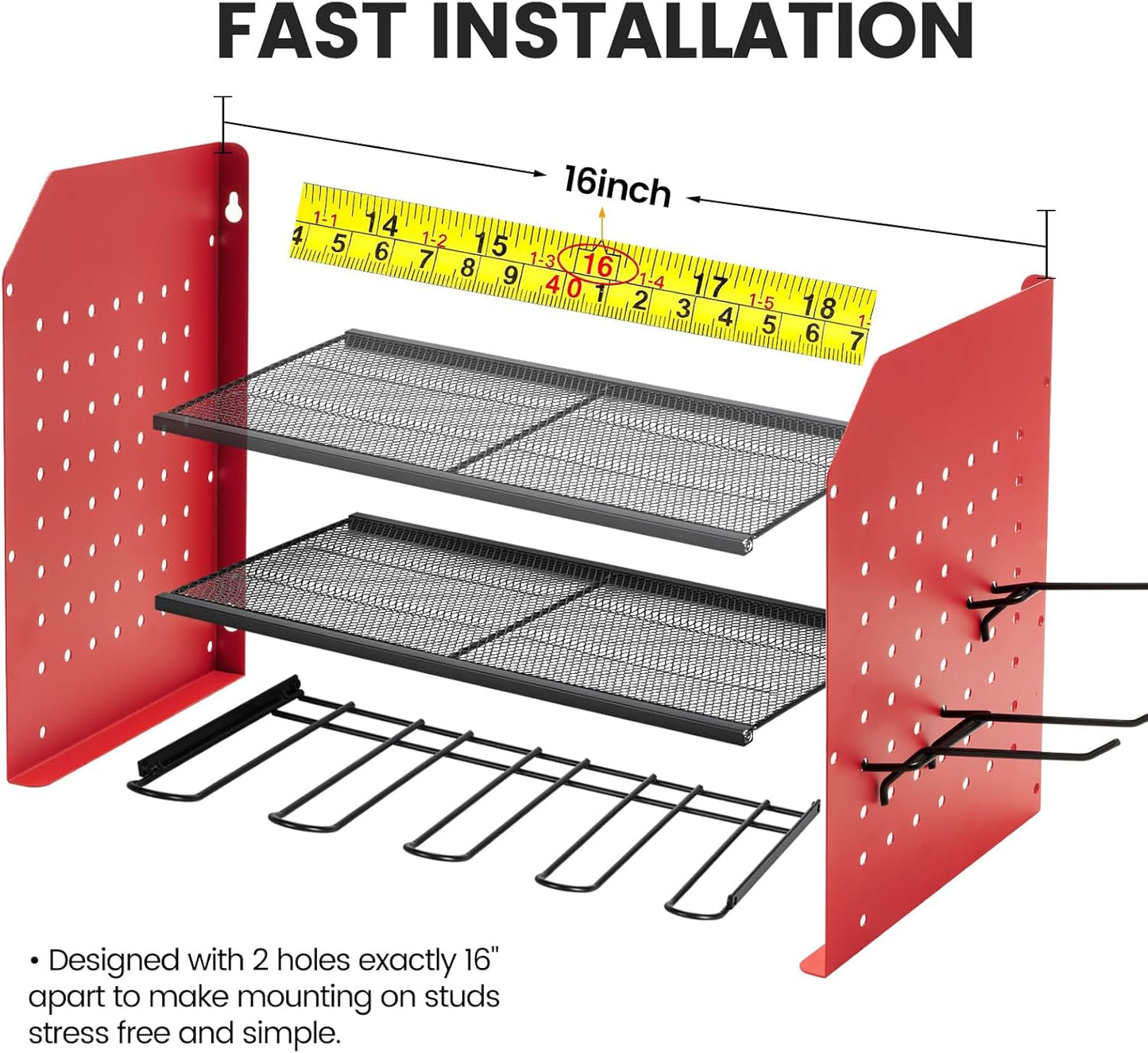 TRZZ Power Tool Organizer Wall Mount, 3-Layer Drill Holder with 2 Side Pegboards, Cordless Drill Rack with 4 Hooks, Efficient Storage for Workshop, Garage, and Tool Room (Red)