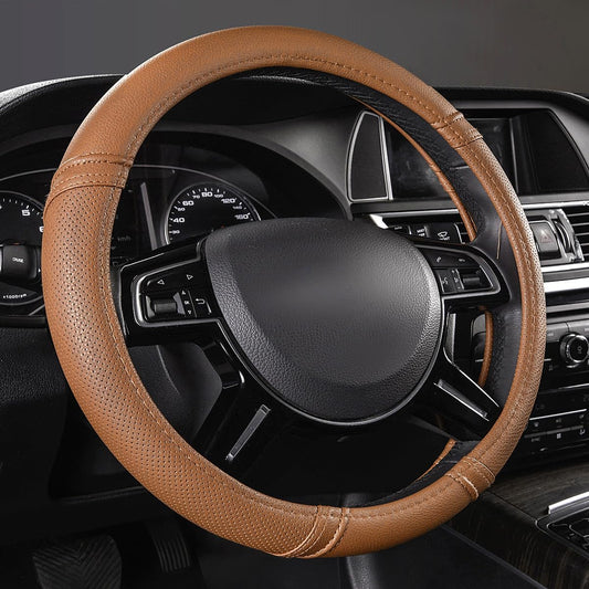 Car Pass Classical Leather Automotive Universal Steering Wheel Covers,Universal Fit for Suvs,Trucks,Sedans,Cars,Vans,14.5-15inch Anti-Slip Safety Comfortable Desgin(Brown)