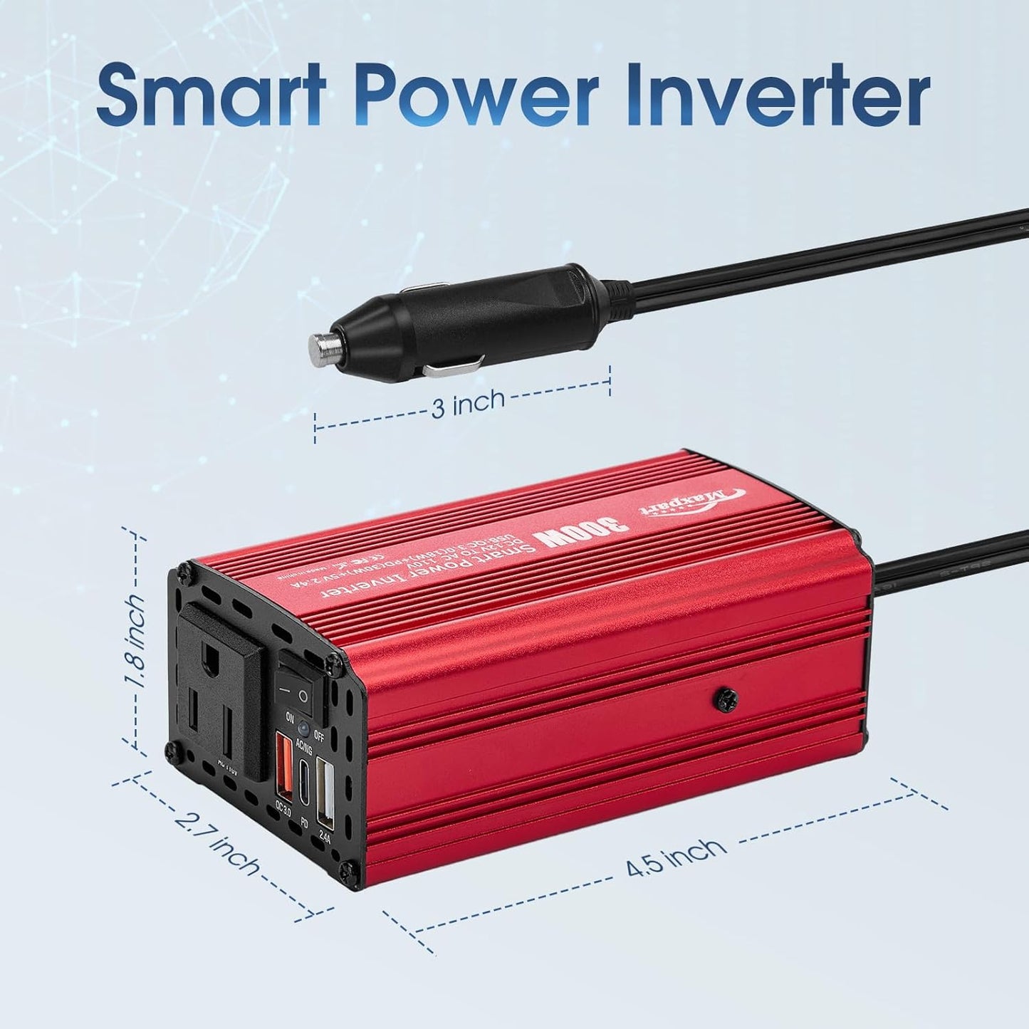 300W Car Power Inverter,12V DC to 110V AC Inverter Converter for Vehicles, PD (Type-C) QC3.0 and 2.4A USB Car Adapter with Cigarette Lighter Ports for Smartphones Laptops Tablets