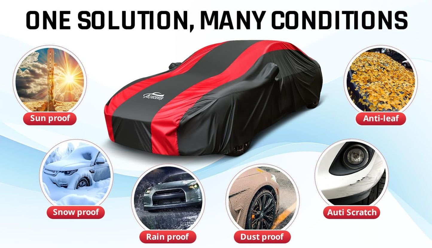 Small Car Cover Waterproof All Weather Protection with Red Stripe Design,Universal Fit Nissan Versa, Hyundai Accent, Mazda MX-3 RX8, Subaru BRZ, Audi TT, Porsche 718 Boxster Cayman