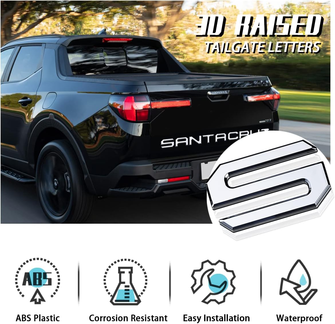 Tailgate Inserts Letters Compatible for 2022 2023 2024 2025 Santa Cruz 3D Raised & Strong Adhesive Decals Letters Rear Emblem Decal Sticker Compatible for Santa Cruz Accessories-Chrome Silve