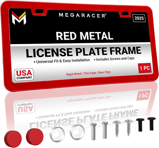 Premium Slim Red License Plate Frame – 1 Pack, Rust-Free Stainless Steel, Street Legal & Rattle-Free, Universal Fit with Screw Covers, Sleek Thin Metal Front or Rear Car Tag Holder for Men & Women
