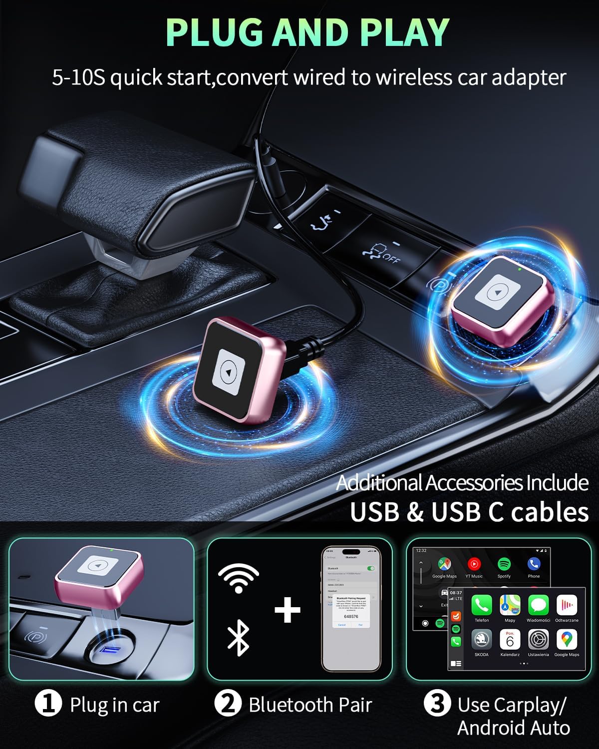 Wireless CarPlay & Android Auto Adapter 1-Inch (2.54cm) - Discreet Plug & Play, Stable 5G Connection for Music/Navigation, Works with iPhone iOS 10+ & Android 11,for 98% of Cars (2016-2025) (Pink)