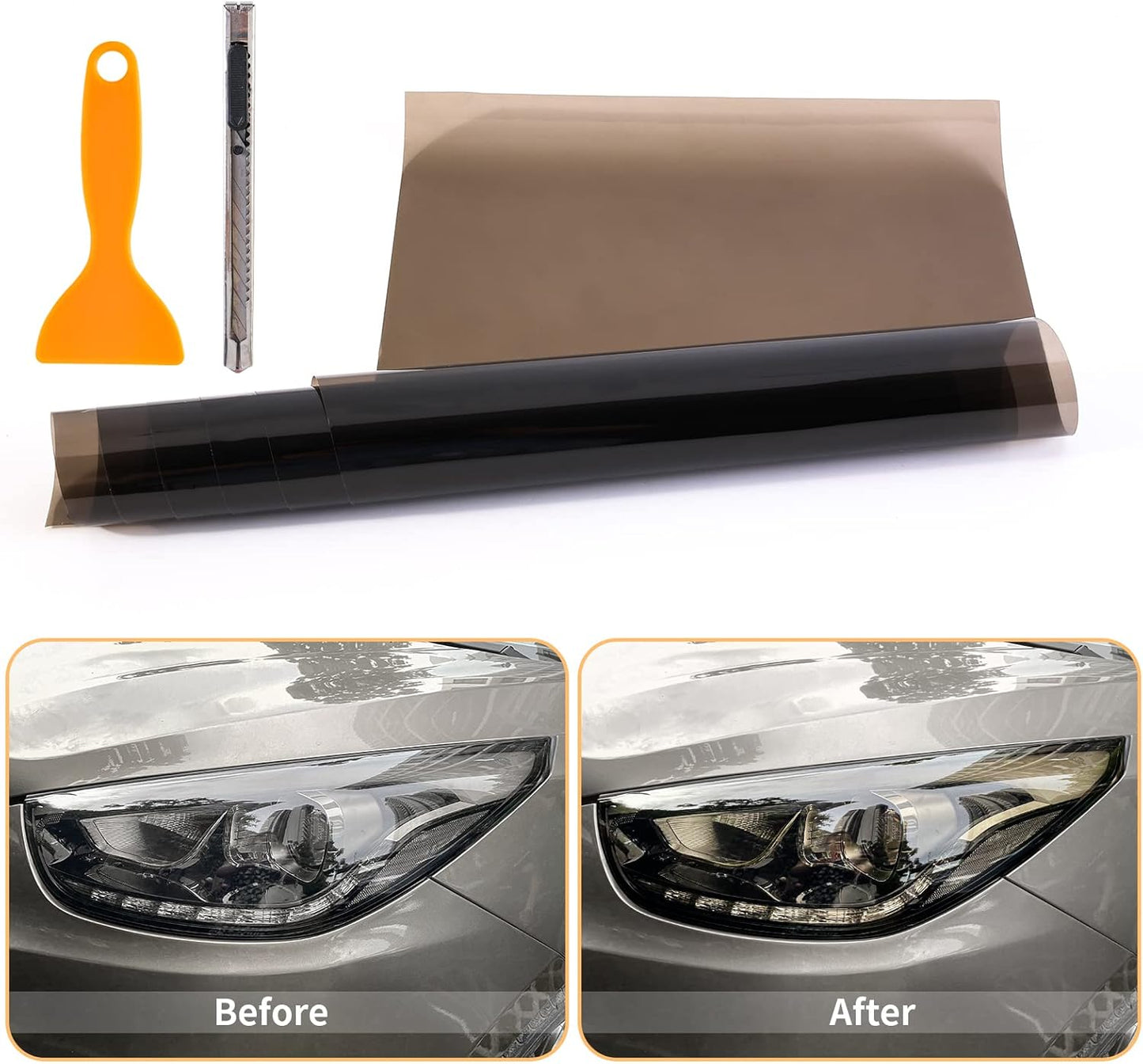 Car Headlight Taillight Tint Film, 2PCS 12 by 48 inch Self Adhesive Smoke Fog Light Vinyl Film Sheet Chameleon Sticker with Squeegee and Cutter (Light Black)