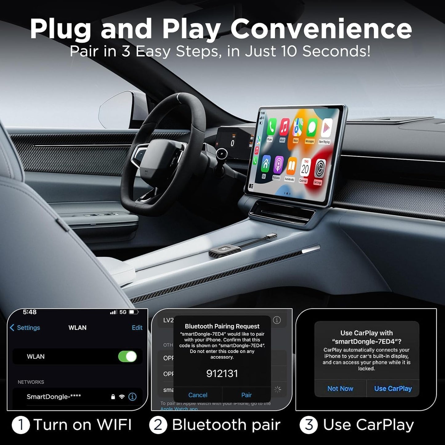 Wireless CarPlay Adapter for Apple iPhone，Wireless Carplay USB Dongle Converter Wired Carplay to Wireless, Support Online Update Plug and Play,Fit for Cars Built-in Wired CarPlay (Carbon)