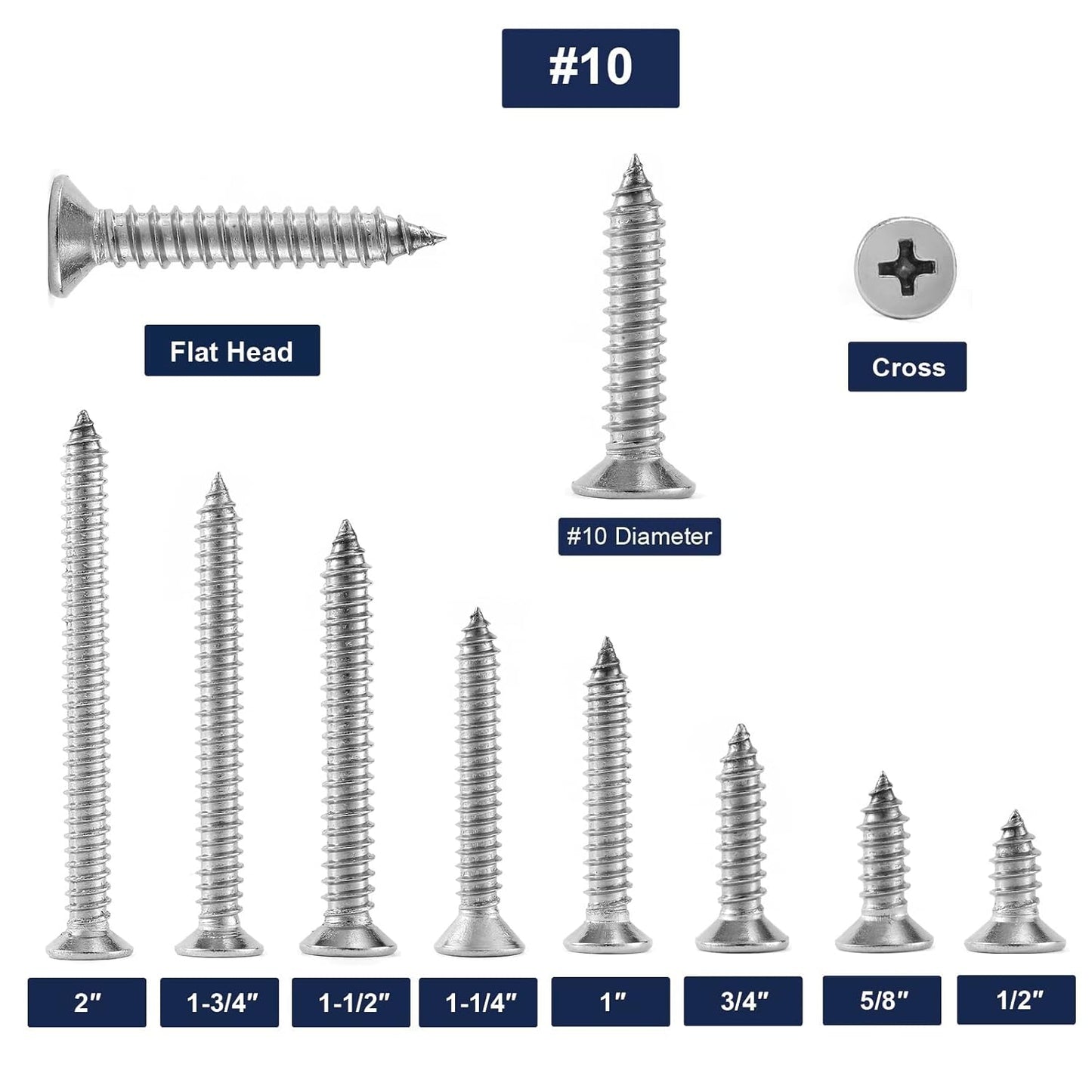 #10 x 1" Wood Screw 100Pcs 18-8 (304) Stainless Steel Screws Flat Head Phillips Fast Self Tapping Drywall Screws by SG TZH