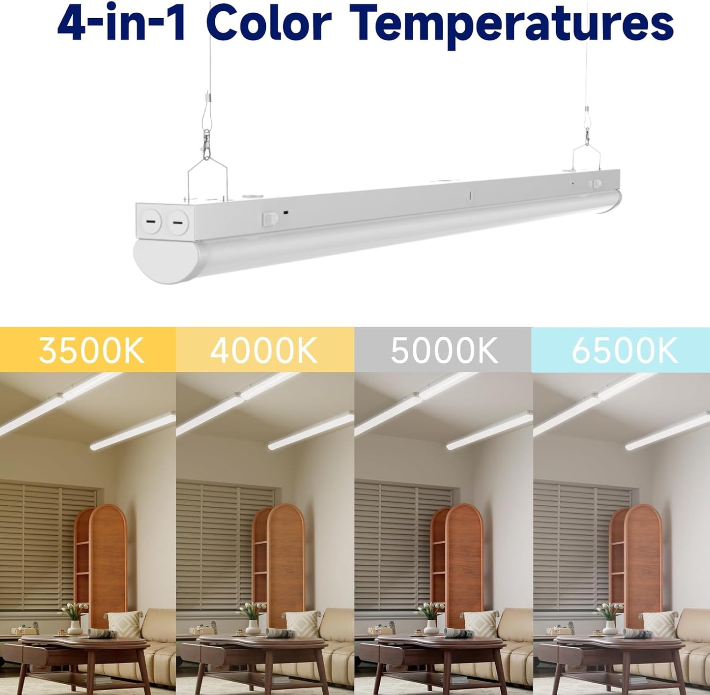 4FT LED Linear Strip Light, LED Shop Lights 30W/35W/40W Selectable,4 Color Selectable 3500K-6500K Adjustable,0-10V Dimmable Commercial Garage Office Ceiling Light Fixture, ETL DLC Listed (4 Pack)