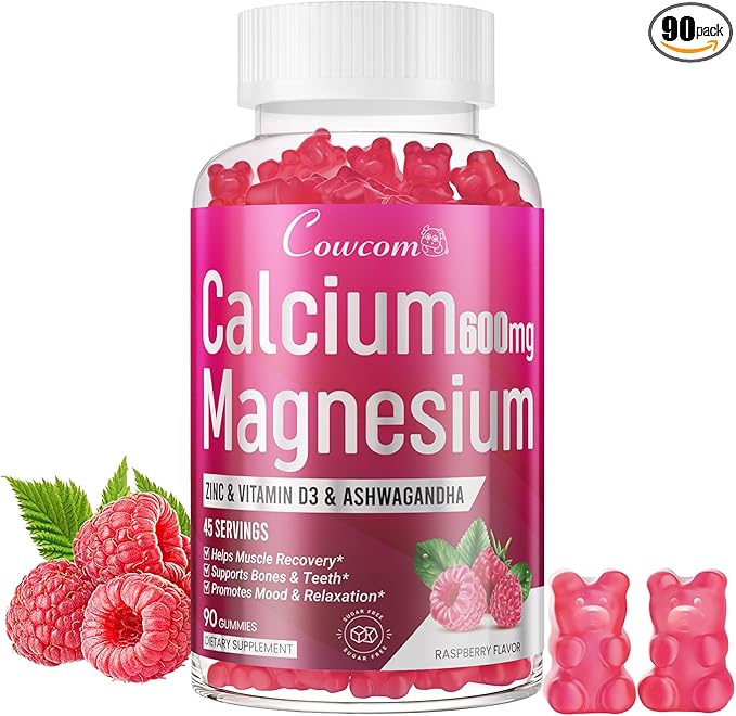 Calcium Magnesium Zinc Gummies & Vitamin D3,B6,B12,Immune & Supporting Bone Health Calcium Magnesium Supplement for Women Men,Sugar-Free Vegan Raspberry Flavor 90 Counts