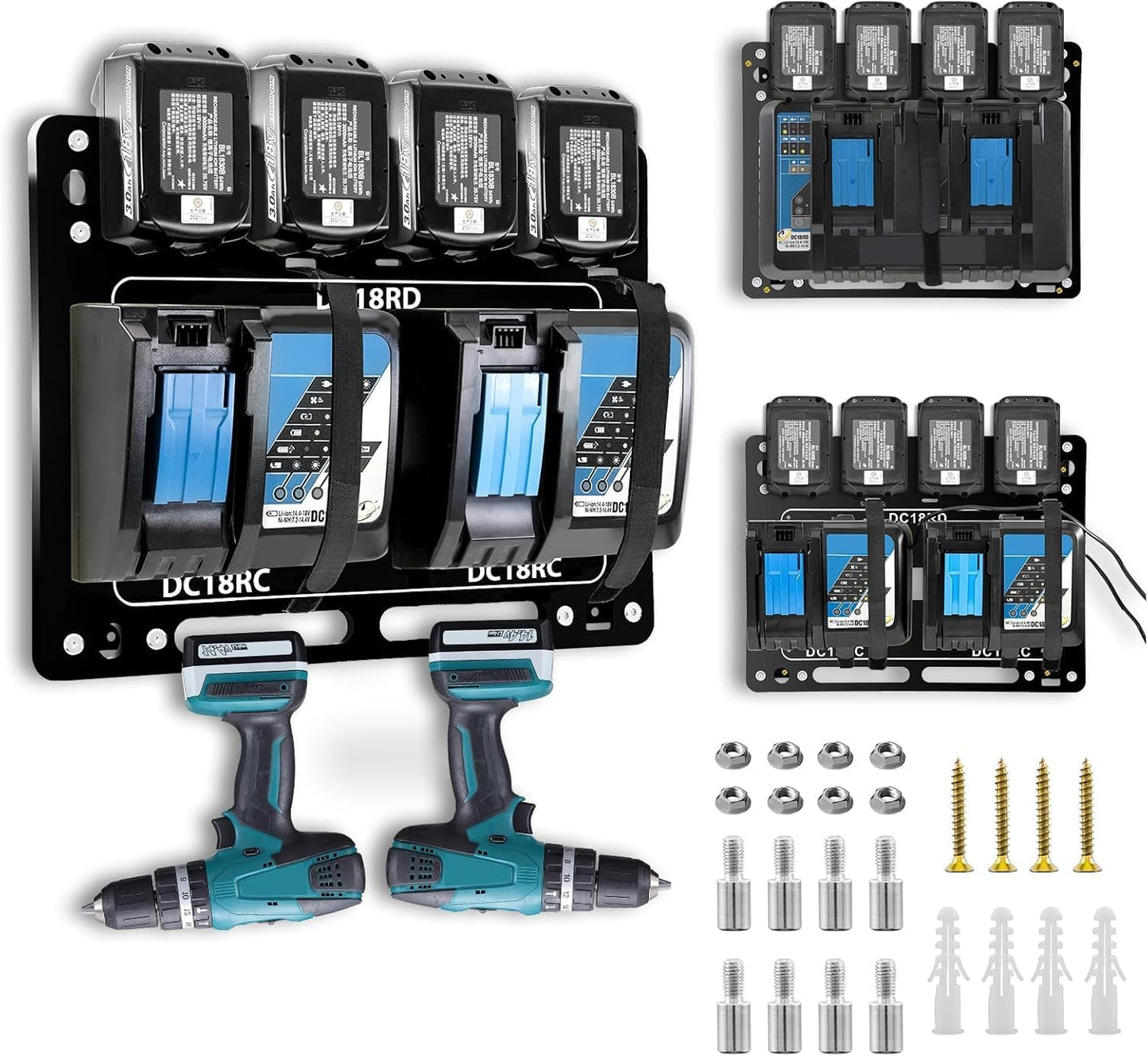 Battery Holder for Makita, Wall Mount for Makita DC18RC DC18RD Chargers, Suitable for Makita Battery Charger 14.4V/18V Batteries and 2 Drilling Screwdrivers, Storage in The Workshop and Garage
