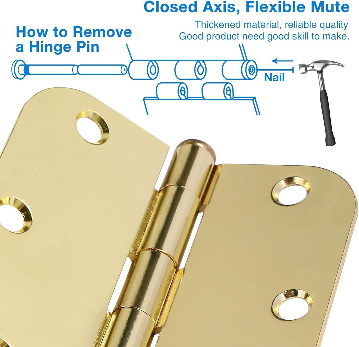 6 Pack Rounded Door Hinges 3.5 inch X 3-1/2" 5/8 Radius, Polished Brass 3 ½ Inch Gold Interior Standard Hinge for Bedroom Wood/French Style Clear Glass Doors Easy Install Hardware Decor Accessories