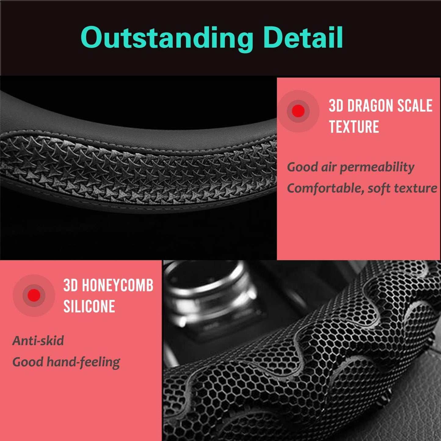 PINCTROT Steering Wheel Cover Great Grip with 3D Honeycomb Anti-Slip Design, Universal 14.5-15 Inch (All Black)