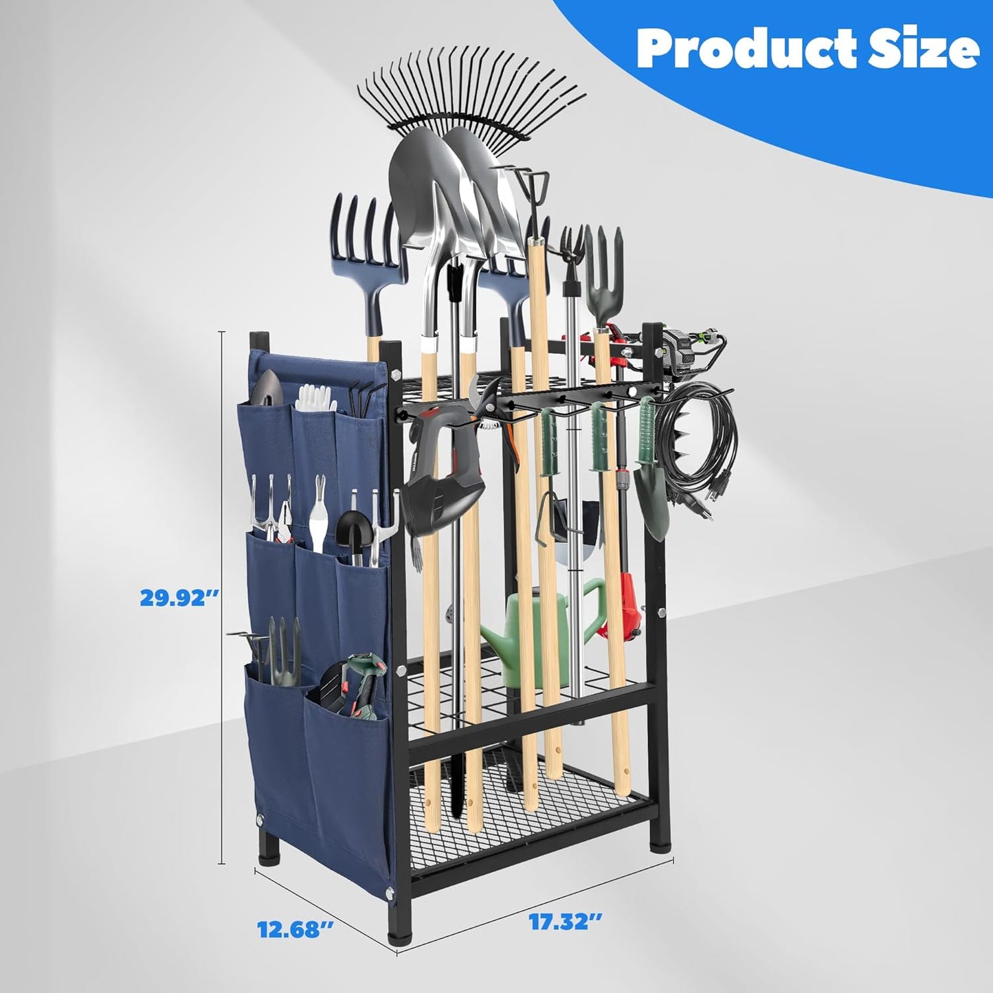 Garden Tool Rack Freestanding, Heavy Duty Garden Tool Organizer, 3-tier Tool Rack, Multifunctional Yard Tool Storage with Hooks and Storage pockets for Outdoor Long-Handled Broom Shovel Rake