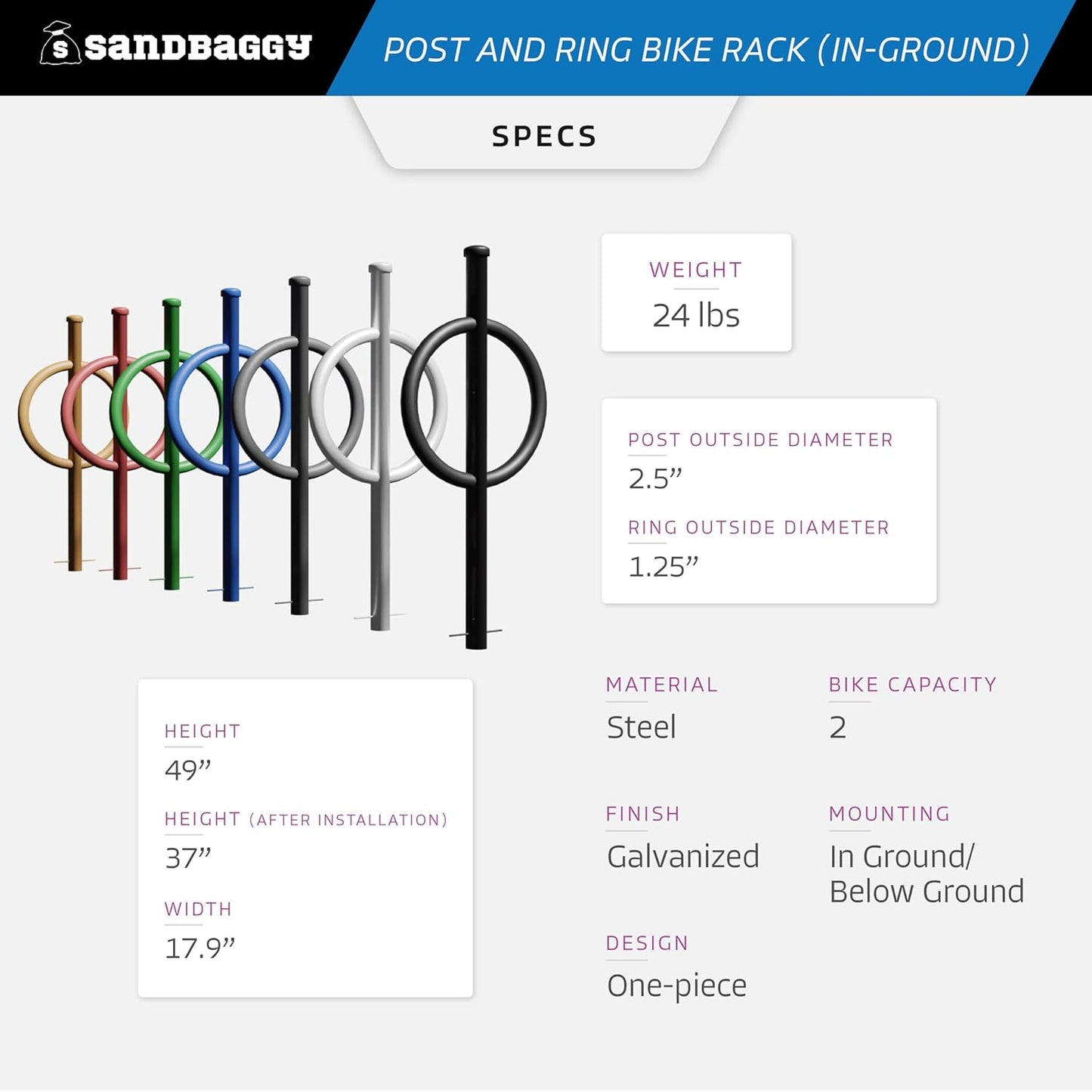 Sandbaggy Post and Ring Rack - In Ground - Commercial Outdoor Bike Parking & Storage Racks (Blue, 10)