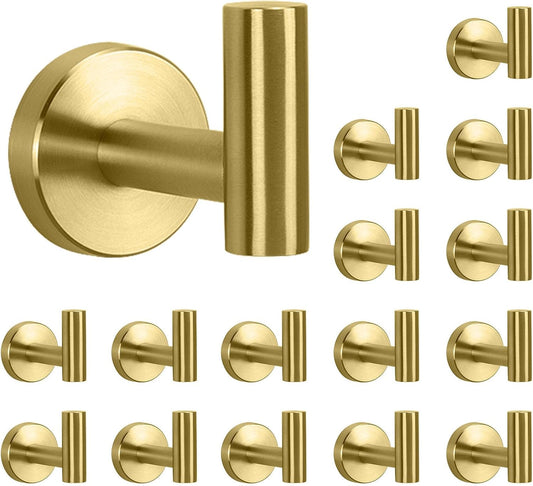 NearMoon Bath Towel Hooks- SUS 304 Stainless Steel Robe Hook Holder, Heavy Duty Coat Hook for Bathroom Livingroom Hotel Kitchen Garage, Wall Mounted (Brushed Gold, 16 Pack)