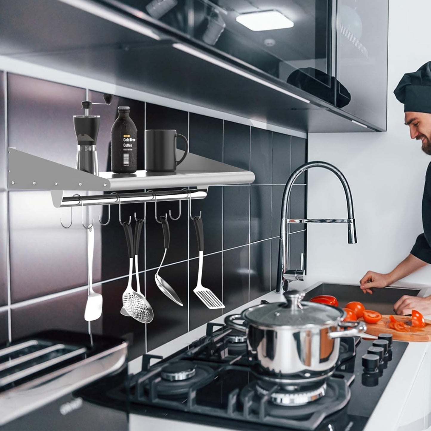 Skyflame 12" x 24" Stainless Steel Shelf with 4 Hooks, Wall Mounted Floating Shelving Storage Rack for Restaurant, Kitchen, Bathroom, Office