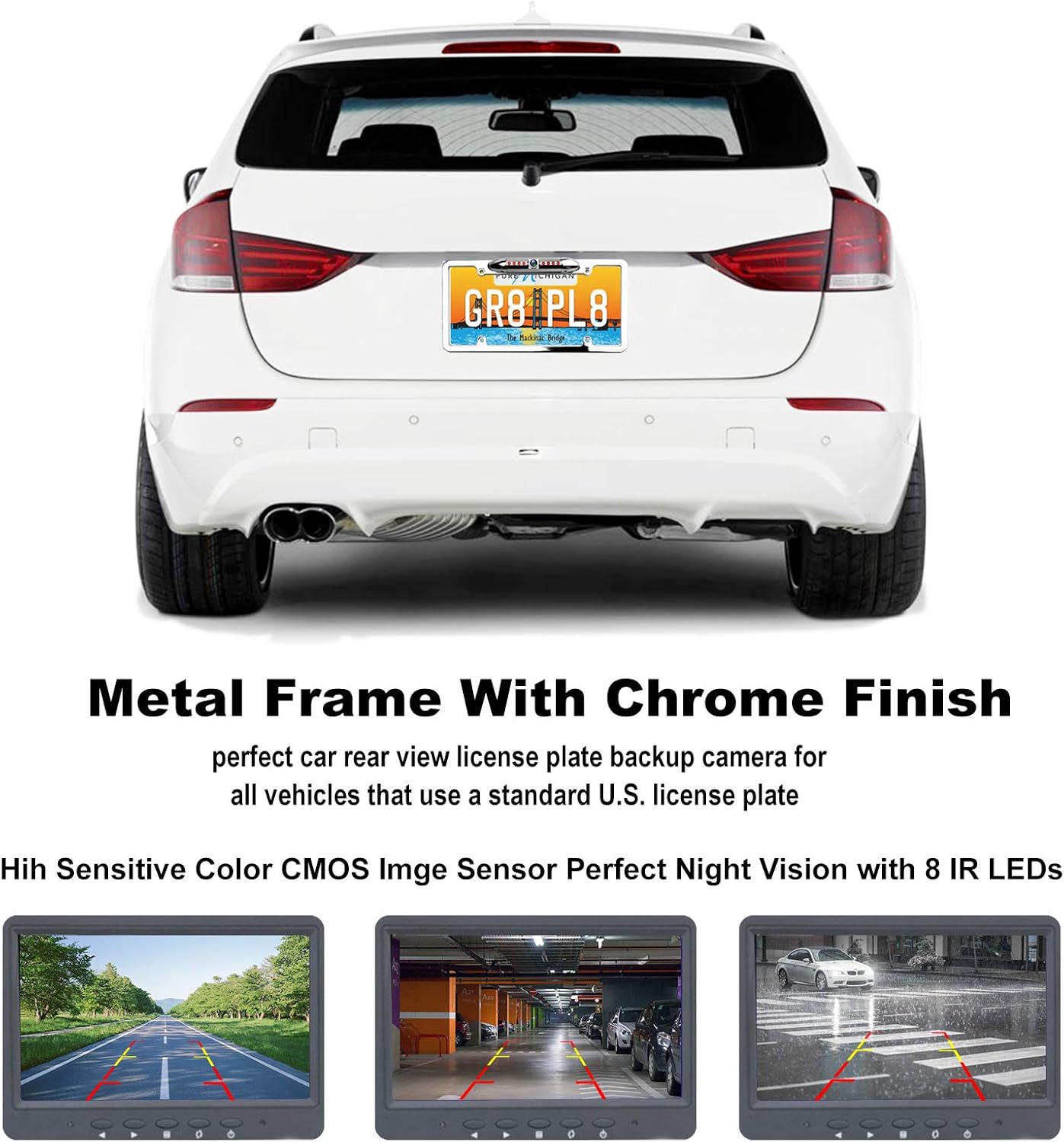 License Plate Backup Camera, JPP Front/Rear View Camera 170° Viewing Angle Universal Car Reverse Camera Waterproof 8 LED Night Vision Vehicle Reverse Camera