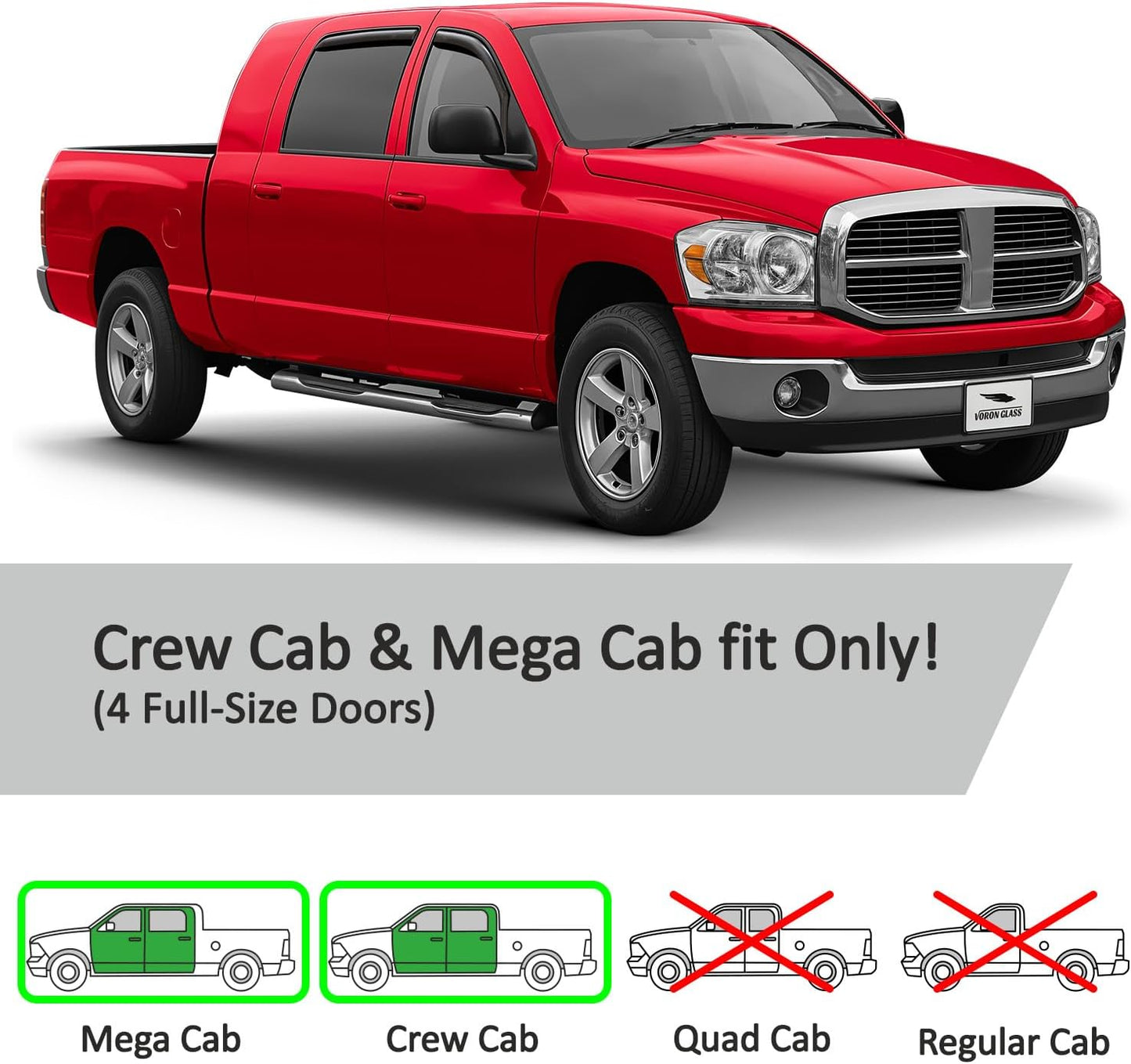 Voron Glass in-Channel Extra Durable Rain Guards for Dodge RAM 2002-2008 MegaCab, Window Deflectors, Vent Window Visors, 4 Pieces - 200691