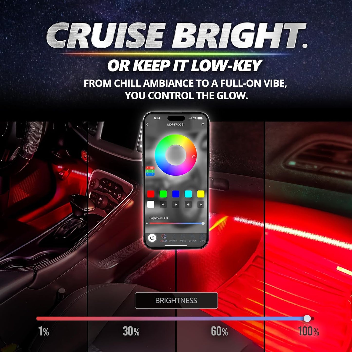 OPT7 Aura Pro Interior Car Lights with App & Remote Control, RGB Color Change, Music Sync Inside Ambient Lighting Kit, Car SUV Van Under Dash Decor, 12V Charger Adapter, 4PC Single Row LED Strip