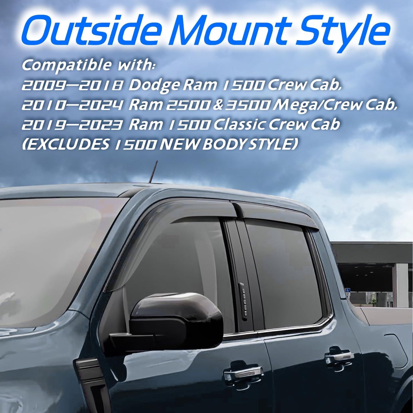 Window Visors Rain Guards Fit for 2009-2018 Dodge Ram 1500, 19-23 1500 Classic Crew Cab Only, 10-24 Ram 2500/3500 Crew Cab & Mega Cab