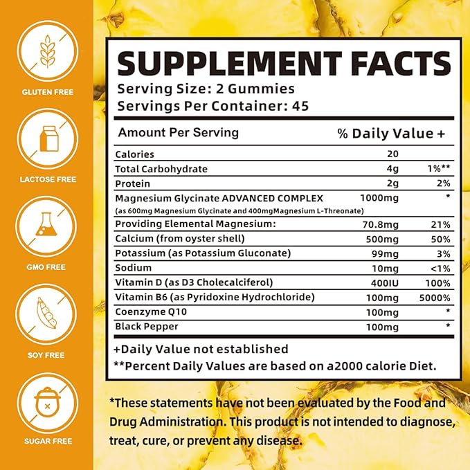 Magnesium Glycinate Gummies 1000mg with Magnesium L-Threonate,Chelated Magnesium Potassium Complex Supplement with VitD, B6, CoQ10, Calcium,Supports for Memory, Calm, Mood - 90 Mango pineapple Gummies