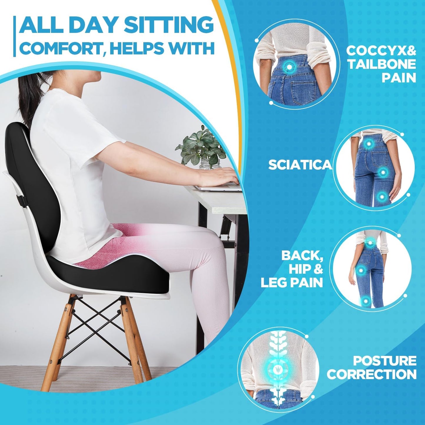 BEAUTRIP Seat Cushion & Lumbar Support Pillow for Office Chair, Car & Wheelchair - Ergonomic Coccyx Cushion for Tailbone, Sciatica & Back Pain Relief - Extra-Dense Charcoal Memory Foam Chair Cushions