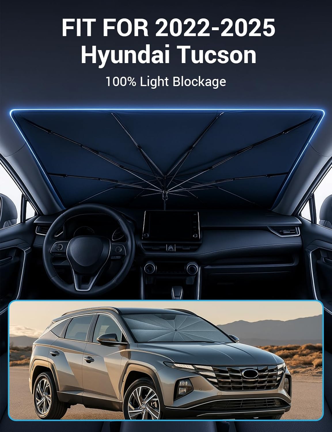 Proadsy Windshield Sun Shade Umbrella for Hyundai Tucson 2022-2025 2026 Foldable Car Umbrella Sunshade with Soft TPU Handle Spring Structure Crystal Cooling Material Protect Car from Rays & Heat