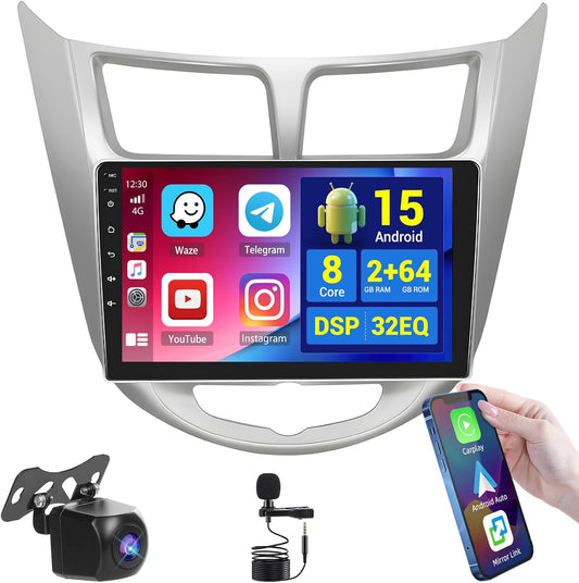 8 Core 2+64G Android 15 Car Stereo for Hyundai Accent 2010-2016 with Wireless CarPlay Android Auto, 9" Touch Screen Radio for Accent Bluetooth DSP 32EQ FM/RDS WiFi GPS 59UI Backup Camera