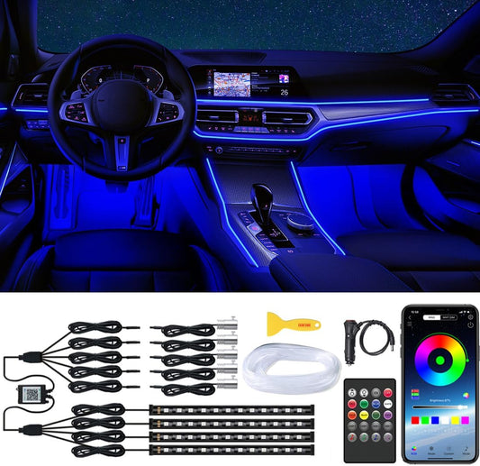 Interior Car Lights with Wireless APP & Remote Control, 9 in 1 RGB Car Ambient Lighting Kit with 4 Under Dash Lights & 5 Fiber Optic LED Strips, Sync to Music Inside Car Accessories