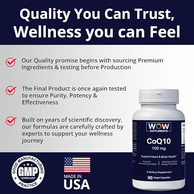 WOW Supplements CoQ10 100 mg with Hawthorn Berry - High Absorption CoQ10 100mg for Energy Production, Heart and Cellular Health - Non-GMO, Gluten-Free Coenzyme Q10 100mg Supplement - 90 Capsules