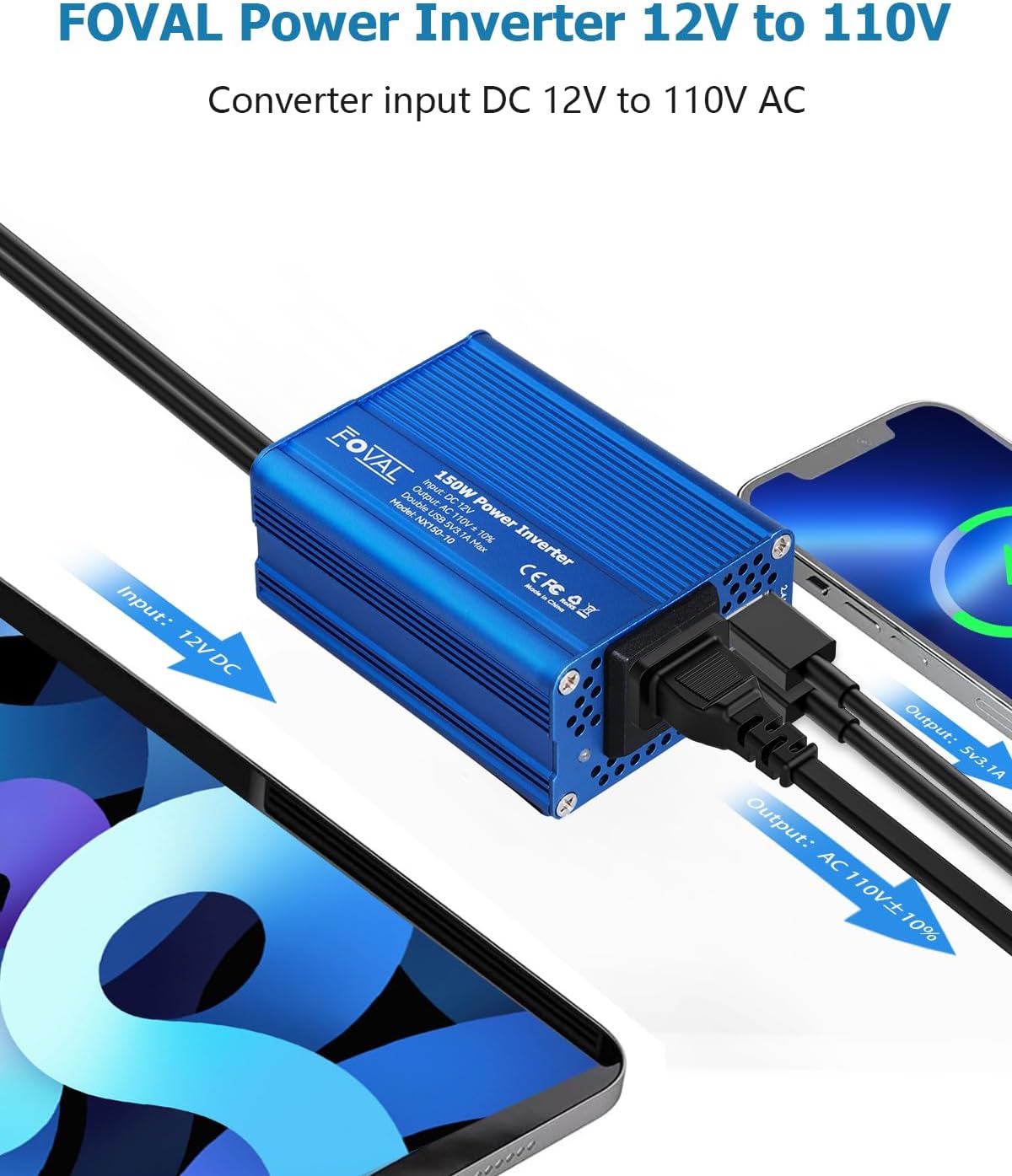 FOVAL 150W Car Power Inverter 12V DC to 110V AC Converter Vehicle Adapter Plug Outlet with 3.1A Dual USB Car Charger for Laptop Computer (Classic Blue)