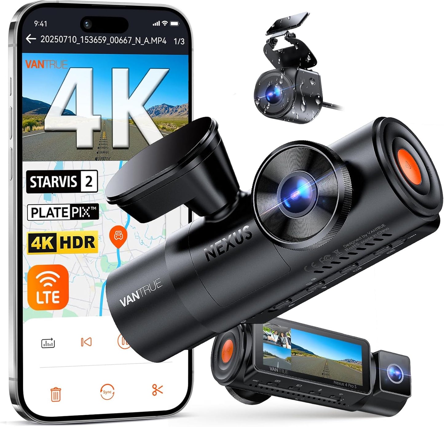 Vantrue N4 Pro S 4K 3 Channel Dash Cam w/Triple STARVIS 2, 4K+1080P+2.5K Front Inside Rear Dash Camera, HDR IR Night Vision, Voice Control, Parking Mode, GPS, Wi-Fi, Support 1TB