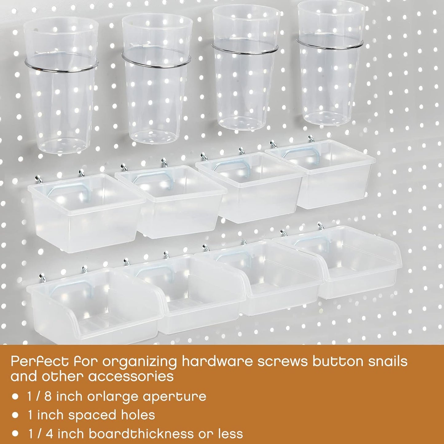 Yookeer 20 Pcs Pegboard Bins and Cups with Hooks and Loops Peg Assortment Organizer Accessories Various Tool Organizer Pegboard Baskets Set for Garage Workshop Workbench Office(Clear)