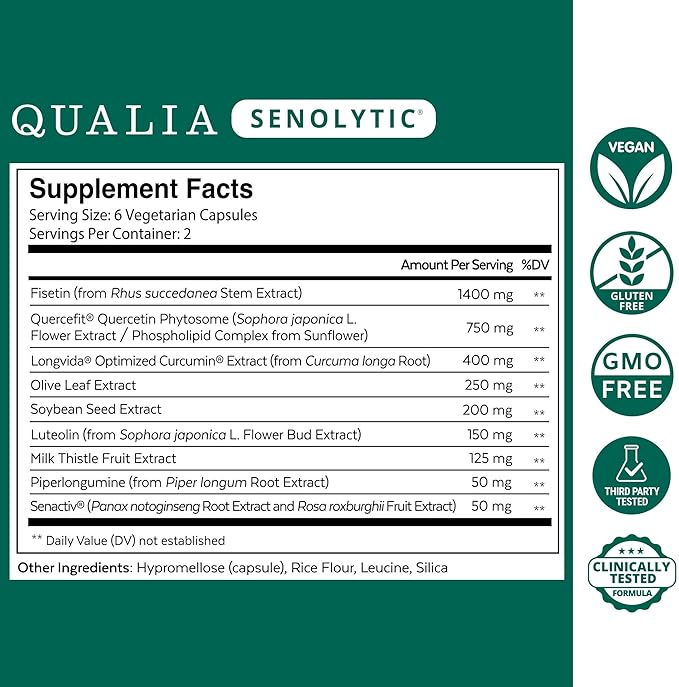 Qualia Senolytic Supplement, Fisetin,Quercetin,Piperlongumin&More,Aging Supplement - Supports Optimal Cell Repair&Rejuvenation,Naturally Eliminate Zombie Cells,1 Month Supply