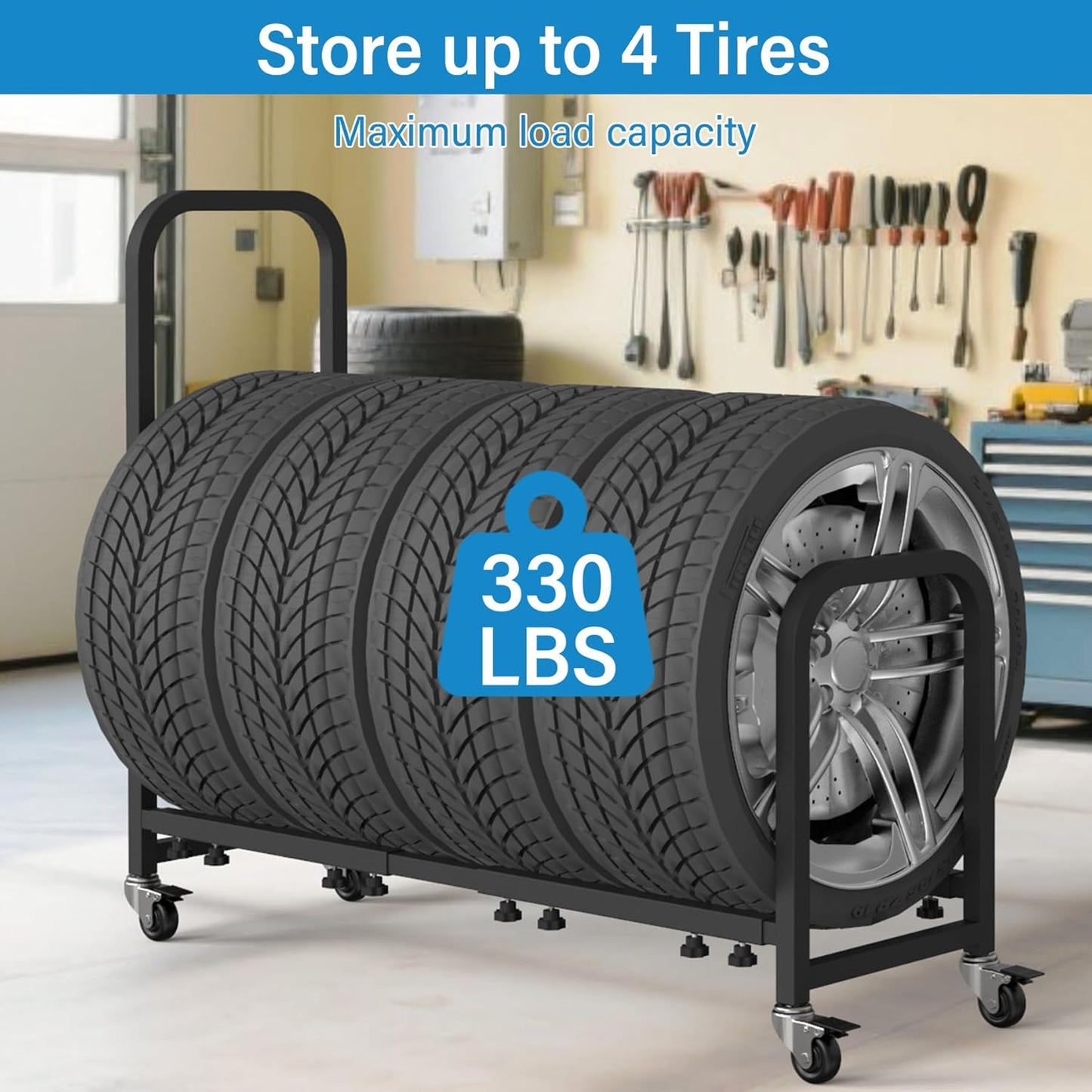 Rolling Tire Rack 43.5" x 13" x 37.4", 2 in 1 Metal Garage Tire Storage Rack w/4 Swivel Casters with Brake for Garage Storage